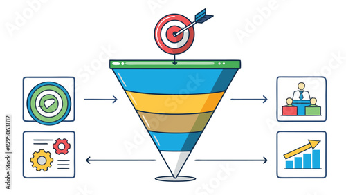 Marketing sales funnel illustration with target audience conversion and business growth analytics icons on a white background