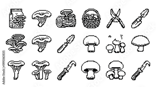 Set of black pixel art icons showing various mushroom types and foraging tools for mycology, with oyster, chanterelle, and champignon fungi, a basket, knife, and trowel
