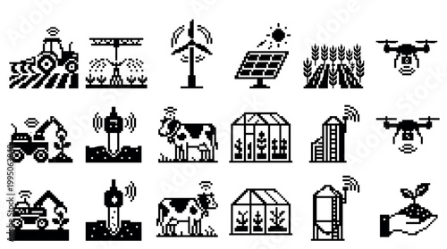 Collection of black pixel art icons representing smart farming and agritech concepts like drones, robots, sensors, renewable energy, and automated agriculture in a minimalist style