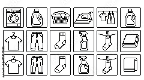 Pixel art laundry and clothing care icons showing a washing machine, detergent, iron, and clothes in a minimalist 8-bit retro style collection for household chore themes
