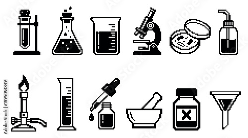 Set of black pixel art icons representing chemistry laboratory equipment and scientific research tools in a minimalist 8-bit retro video game style illustration