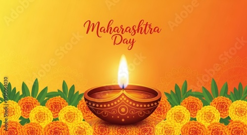 Traditional Indian Diya Lamp with Glowing Flame and Vibrant Marigold Flowers for Maharashtra Day Celebration