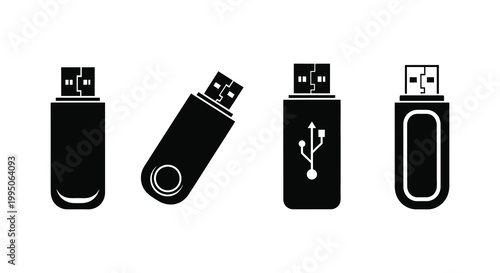 Four different usb flash drive designs in black silhouette
