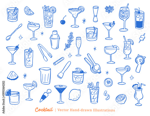Hand-Drawn Cocktail and Bar Tools Vector Bundle – Blue Outline Drink Illustration Collection