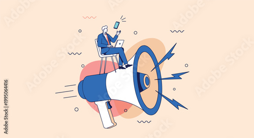 Illustration of Businessman sitting on megaphone announcing