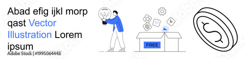 Sustainability, economy, eco-friendliness, financial growth, innovation, giveaways. Person holding a plant and an open box with items. Sustainability and economy concepts are highlighted