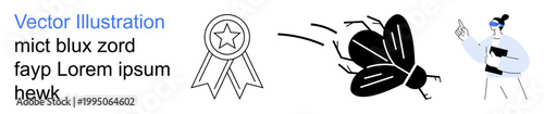 Recognition, achievement, communication, biology, movement, organization. Simple award ribbon, buzzing insect and woman gesturing with a document. Recognition and communication
