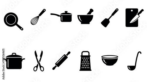 Set of black silhouette kitchen utensil icons including a frying pan, pot, whisk, spatula, knife, and grater for cooking and food preparation concepts in a minimalist graphic style