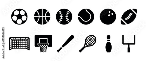 Set of black sports equipment icons representing various popular games like soccer, basketball, baseball, tennis, bowling, and American football in a simple minimalist glyph style