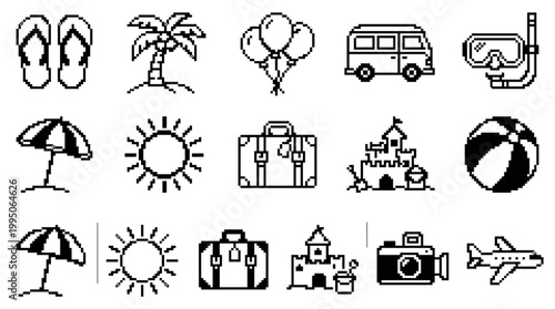 Set of summer vacation pixel art icons in a minimalist black and white 8-bit style, including a suitcase, camera, palm tree, sun, airplane, and beach ball for a retro gaming theme