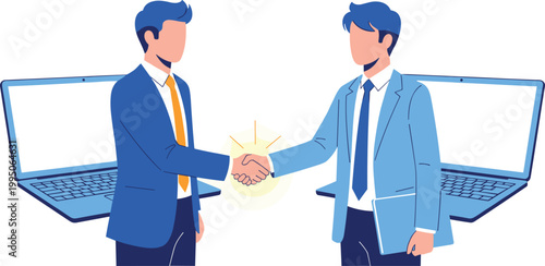 Illustration of Businessmen shaking hands in front of laptops