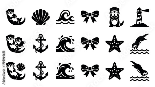 Collection of black silhouette nautical icons featuring cute otters, seashells, waves, anchors, starfish, and a lighthouse, presented as a simple graphic vector illustration set