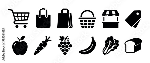 Set of black grocery shopping icons featuring a cart, basket, bag, market stall, and various food items like fruit, vegetables, and bread in a minimalist flat vector style