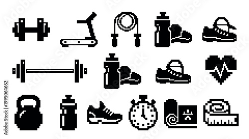 Set of black pixel art fitness icons featuring a dumbbell, treadmill, barbell, and other gym equipment in a retro 8-bit video game style for workout and exercise concepts