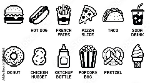 Black and white pixelated fast food icons collection featuring a hamburger, hot dog, soda, and donut with text captions in a retro 8-bit gaming aesthetic