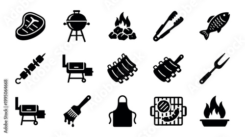 Collection of black barbecue and grilling icons featuring a steak, smoker, ribs, fish, kebab, and various cooking tools like tongs, a fork, and an apron for a summer picnic