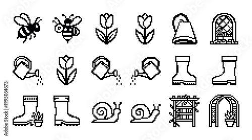 Set of black pixel art gardening icons featuring a bee, tulip, watering can, boots, and snail in a retro 8-bit video game style for a charming, nostalgic design