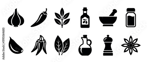 Set of black silhouette icons representing various spices, herbs, and cooking ingredients like garlic, chili pepper, olive oil, and star anise for culinary design