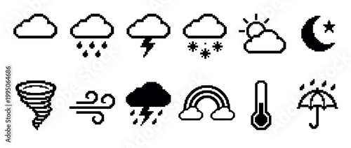 Pixel art weather icons set featuring twelve black symbols for meteorological forecast conditions like sun, rain, snow, wind, and storm in a retro 8-bit video game style