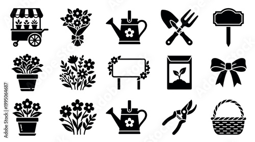 Set of black gardening and floristry glyph icons featuring a flower cart, bouquet, watering can, tools, and potted plants for horticulture and floral arrangement concepts