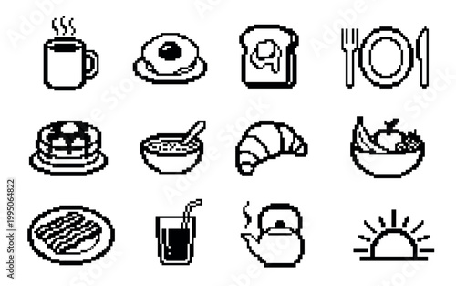 Collection of twelve black pixel art breakfast icons showing coffee, eggs, toast, pancakes, bacon, and fruit in a retro 8-bit video game style illustration