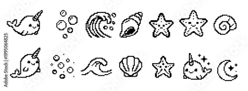 Black and white 8-bit marine animal icons collection with cute narwhal, starfish, seashell, and wave symbols in a retro pixelated video game art style for creative projects