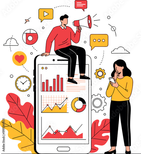 Man and woman interacting with large smartphone