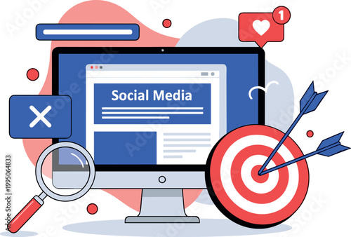 Illustration of Social media targeting concept with computer and bullseye