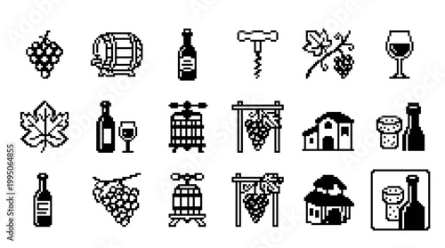 Collection of monochrome pixelated wine icons includes a grape bunch, bottle, glass, wooden barrel, corkscrew, and winery, all designed in a classic 8-bit retro computer graphic style