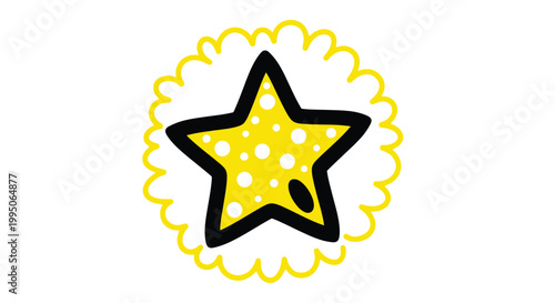 Yellow star with white dots and black outline in a wavy circle design element graphic