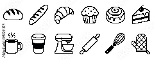 Twelve pixelated black outline icons showing baked goods and kitchen tools for a bakery, including a baguette, cake slice, stand mixer, and coffee cup in a retro style