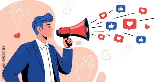 Illustration of Man with megaphone social media announcement