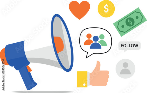 Illustration of Megaphone with social media icons and money