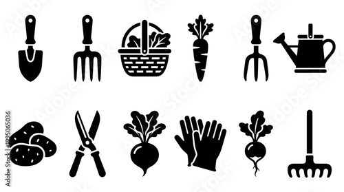 Set of black gardening icons featuring tools and vegetables like a trowel, rake, watering can, carrot, and potato in a simple glyph style for agricultural or farming concepts