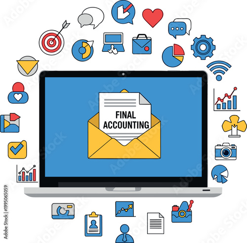 Illustration of Laptop with email inbox and social media icons