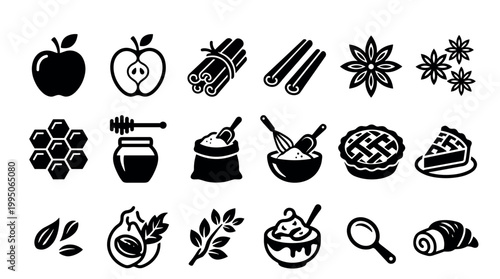 Collection of black glyph icons representing apple pie baking ingredients and desserts like honey, cinnamon, flour, and fruit, presented in a simple, clean silhouette style