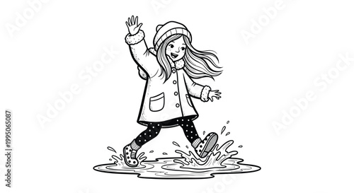 Happy little girl wearing winter clothes jumping in a puddle on a rainy day outside