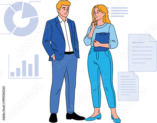 Illustration of Businessman and businesswoman in office setting