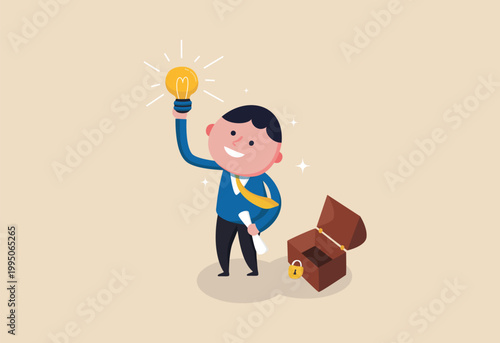 Man holding a glowing lightbulb above his head symbolizing a brilliant idea.