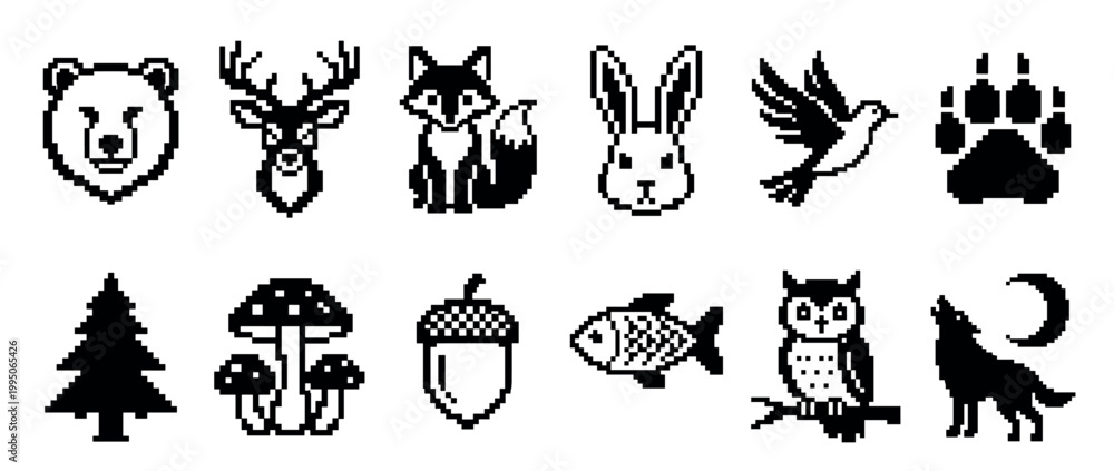 Fototapeta premium Black and white pixel art icon set of woodland creatures and nature elements including a bear, fox, deer, rabbit, owl, wolf, fish, bird, paw print, tree, mushroom, and acorn