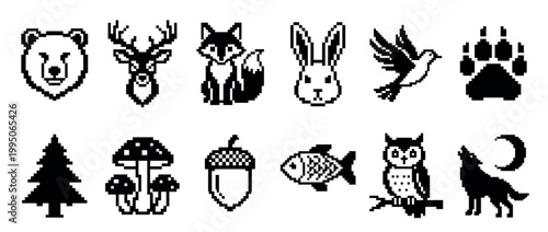 Black and white pixel art icon set of woodland creatures and nature elements including a bear, fox, deer, rabbit, owl, wolf, fish, bird, paw print, tree, mushroom, and acorn