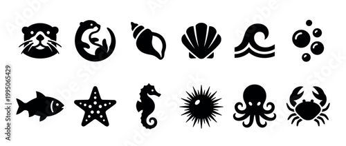 Set of twelve black sea animal and marine life icons including an otter, fish, crab, and octopus in a minimalist flat graphic style for various design elements