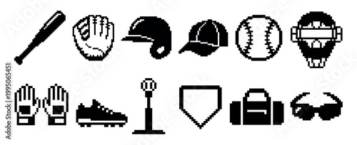 Collection of black pixel art baseball equipment icons including a bat, glove, helmet, cap, ball, mask, and cleats in a retro 8-bit video game style illustration set