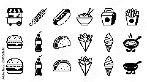 Pixel art street food icon set featuring a food cart, burger, hot dog, fries, and taco in a minimalist black and white 8-bit style for a retro video game aesthetic