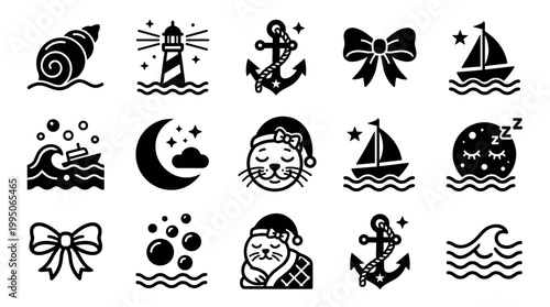 Set of fifteen black glyph icons featuring nautical and sleep-themed elements like a lighthouse, anchor, sailboat, sleeping cat, and crescent moon in a simple graphic style