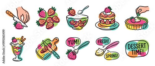 Colorful set of hand-drawn strawberry illustrations showing fresh berries, delicious desserts like cake and tarts, and the process of preparing sweet summer food in a fun doodle style