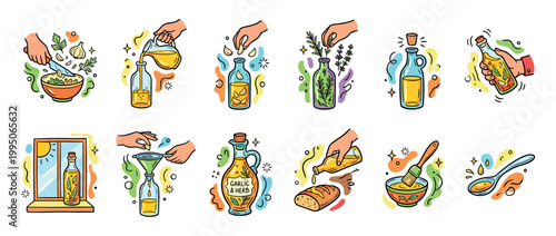Colorful hand-drawn illustration set showing the process of making homemade garlic and herb infused olive oil, from chopping ingredients to bottling and using the final product
