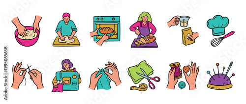 Set of colorful hand-drawn icons depicting baking and sewing hobbies, showing people making bread, using a sewing machine, and various crafting tools in a doodle style