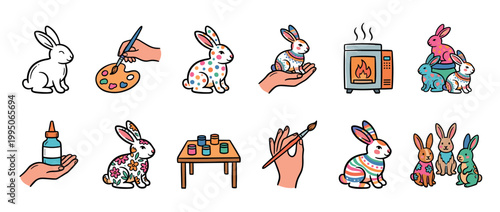 Set of cute rabbit painting icons showing a creative workshop with bunnies, paint, brushes, and a kiln for a fun DIY craft project, presented in a charming doodle style illustration