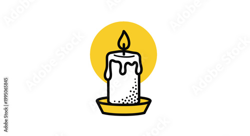 Vector graphic illustration of a melting candle in a holder with a flame on top burning bright